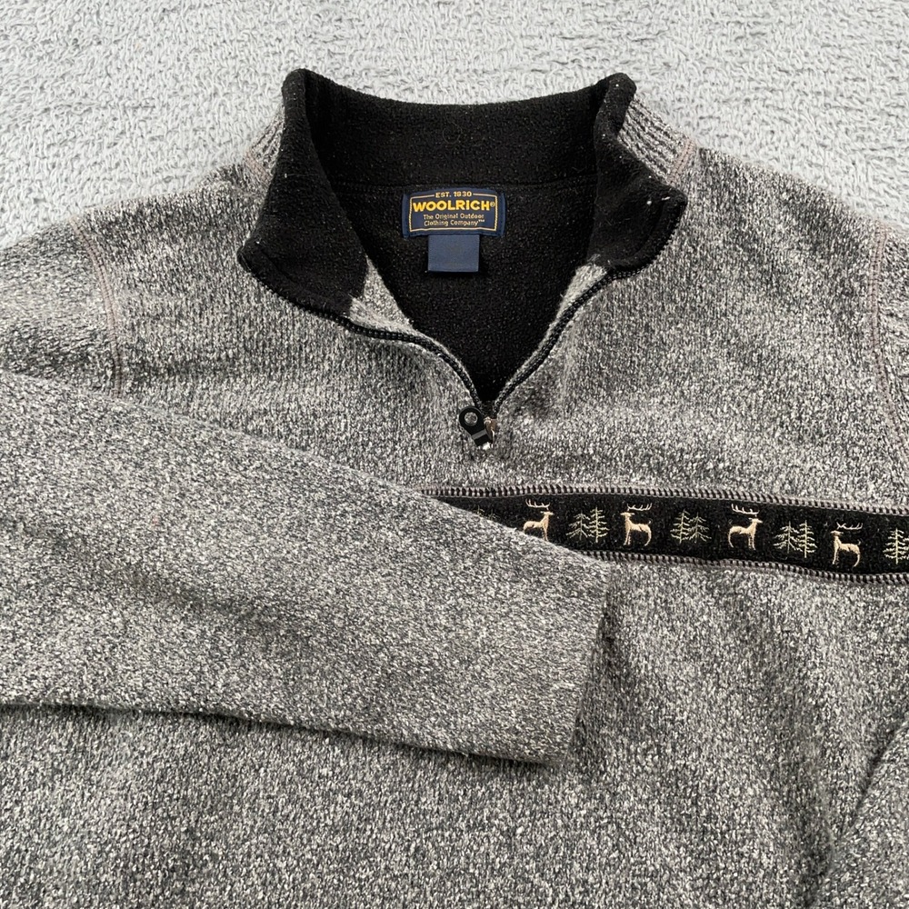 Woolrich Sweater Womens Medium Gray 1/4 Zip Pullover Deer Pine Tree Nordic